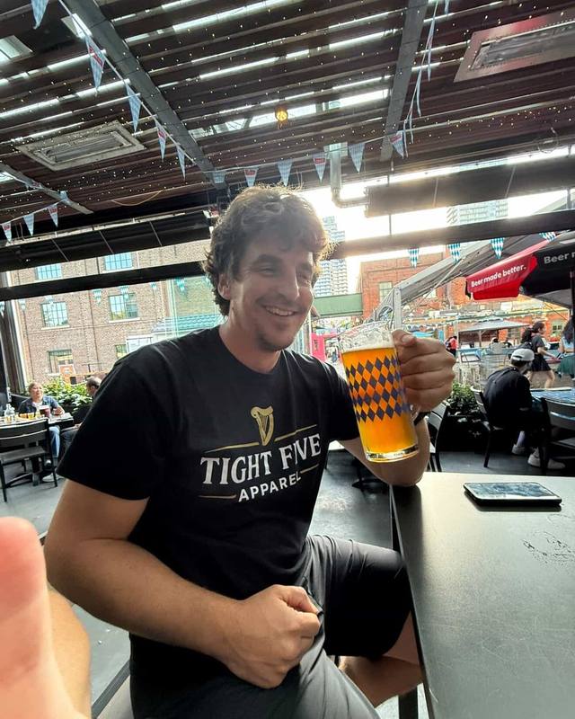 Patio pints in a Tight Five tee